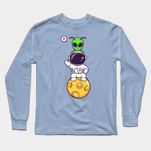 Cute Astronaut Siting On Moon With Alien Cartoon Long Sleeve T-Shirt